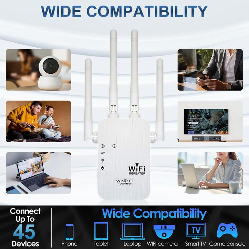 Ultimate Wifi Extender 2025 - 1200Mbps Dual Band Booster, Covers 10,000 Sq. Ft for 50 Devices, Perfect for Home & Office with Ethernet Port